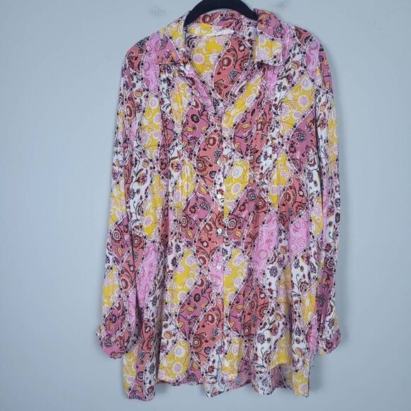 Jane & Delancey Womens Size Large Button Front Blouse Shirt Pink Yellow Floral - Picture 1 of 6